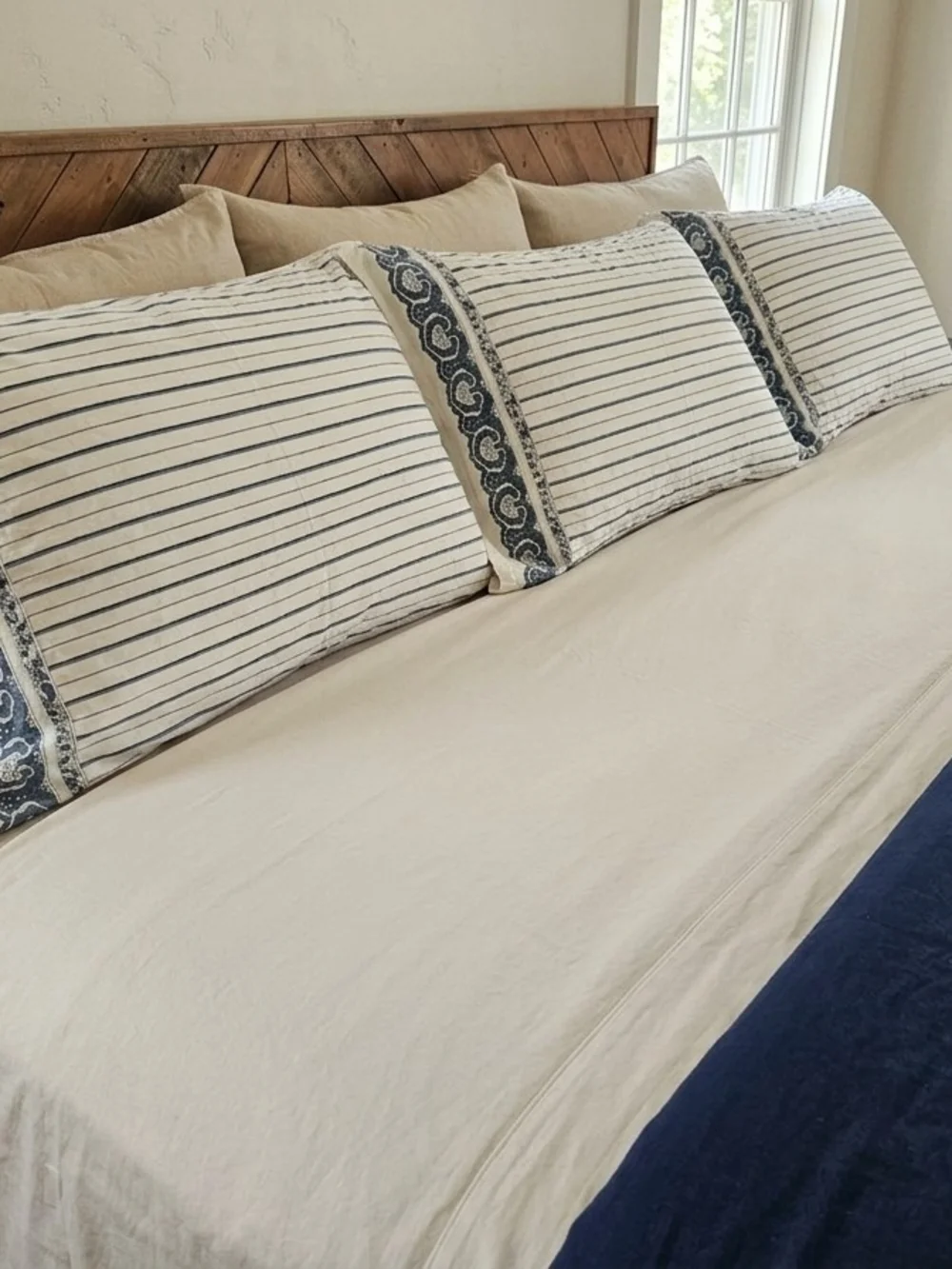 Ralph Lauren Navy Stripe Cotton Pillowcases with Decorative Trim